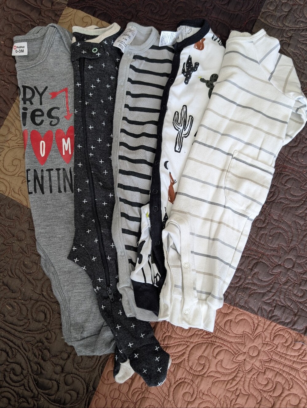 Bundle Of 1-Piece Outfits - Gray, Black, White, Stripes & Prints Size 0-3 Month
